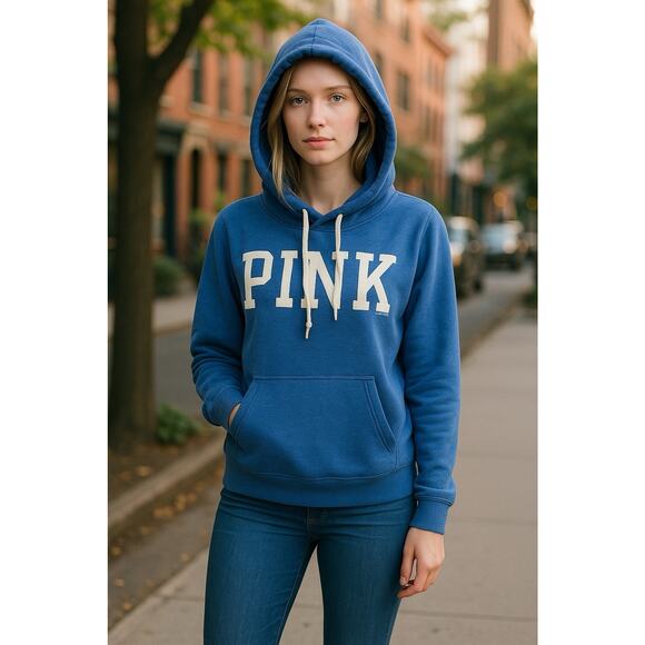 Victoria's Secret Pink Blue Pullover Hoodie Sz Small Hooded Sweatshirt Fleece - Picture 2 of 9